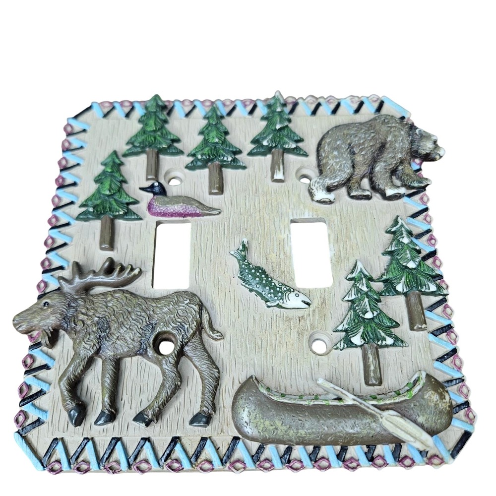 Rustic Wildlife Double Toggle‎ Ceramic Switch Plate Moose Bear Canoe Fish Pines
